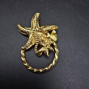 Gold Tone Beach Theme Brooch Eye Glass Loop Star Fish Sea Horse Summer